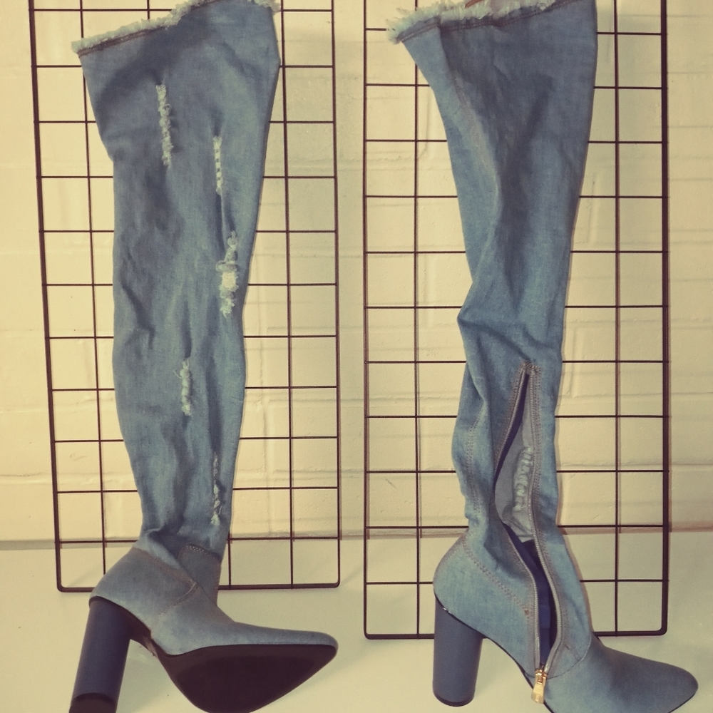 Distressed Jean Thigh High Boots